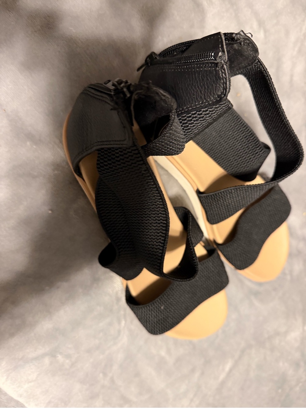 MIA Black Elastic Strap Wedge Sandals with Tan Footbed